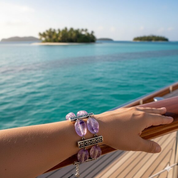 Purple Glass Beads Silver Tone with Teal Bar Bracelet Vintage Gift for Her Retro - Picture 2 of 9